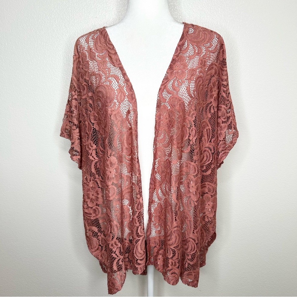 TMG New York Womens Rose Pink Lace Open Front Kimono Cardigan Size M/L EUC